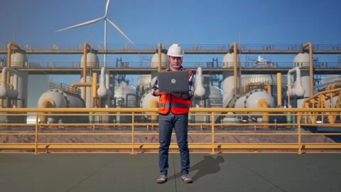 Engineer Working On A Laptop at Energy Plant Stock Footage 331137583