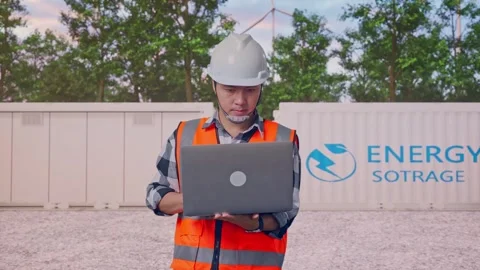 Engineer Working On A Laptop with Energy Storage Stock Footage 337816550