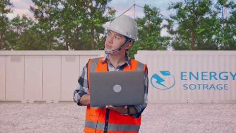 Engineer Working On A Laptop with Energy Storage Stock Footage 337816560
