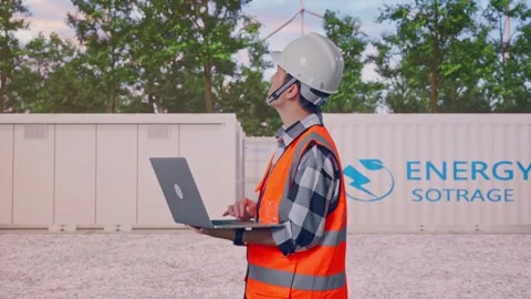Engineer Working On A Laptop with Energy Storage Stock Footage 337816748