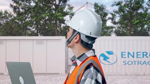 Engineer Working On A Laptop with Energy Storage Stock Footage 337817728