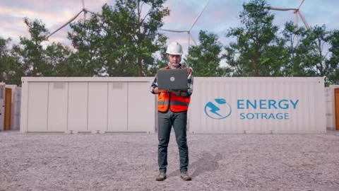Engineer Working On A Laptop with Energy Storage Stock Footage 337818255