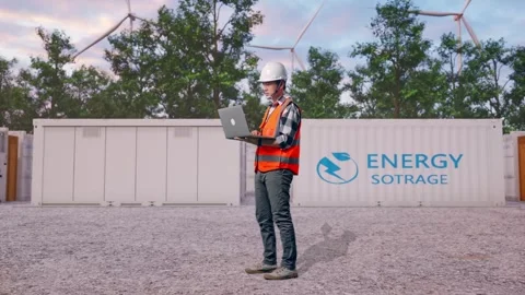 Engineer Working On A Laptop with Energy Storage Stock Footage 337818437