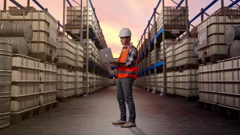 Engineer Working On A Laptop at Fuel Warehouse Stock Footage 332155409