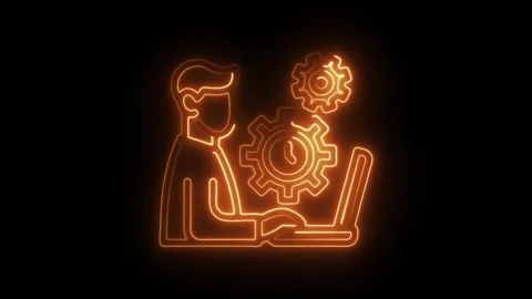 Engineer working on laptop with gears in neon glowing outline effect on black Stock Footage 309911386