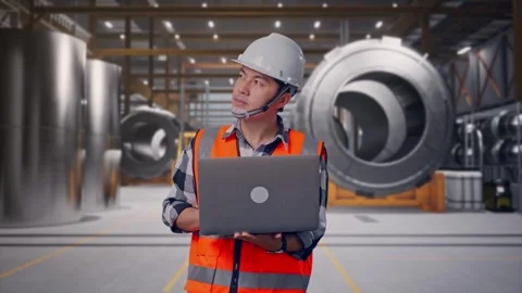 Engineer Working On A Laptop at Heavy Factory Stock Footage 340817422