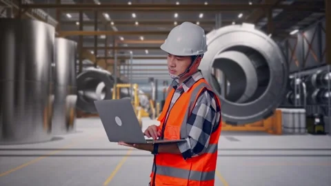 Engineer Working On A Laptop at Heavy Factory Stock Footage 340818064