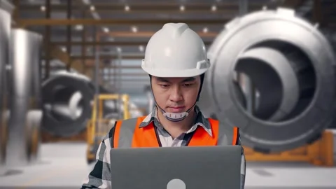 Engineer Working On A Laptop at Heavy Factory Stock Footage 340819291