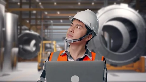 Engineer Working On A Laptop at Heavy Factory Stock Footage 340819386