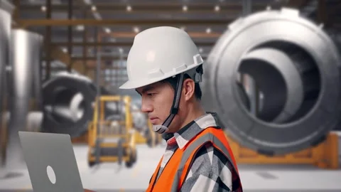 Engineer Working On A Laptop at Heavy Factory Stock Footage 340820803