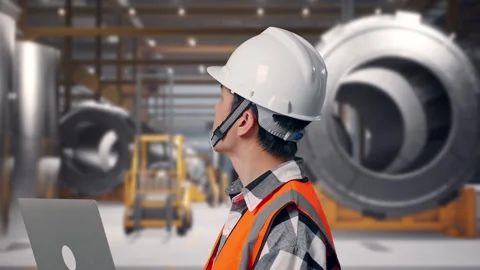 Engineer Working On A Laptop at Heavy Factory Stock Footage 340820846