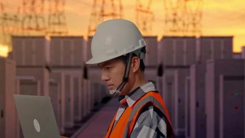 Engineer Working On A Laptop with High Voltage Power Stock Footage 331195695