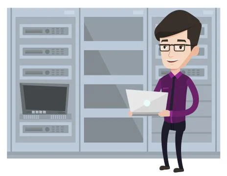 Engineer working on laptop in network server room Stock Illustration