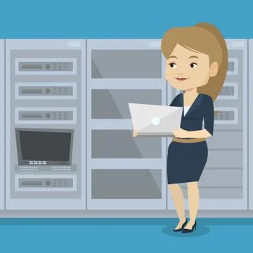 Engineer working on laptop in network server room Stock Illustration