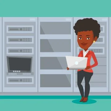 Engineer working on laptop in network server room Stock Illustration