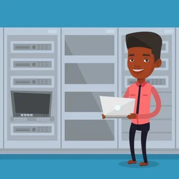 Engineer working on laptop in network server room Stock Illustration