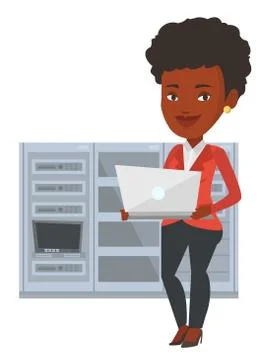 Engineer working on laptop in network server room Stock Illustration