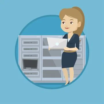 Engineer working on laptop in network server room Stock Illustration