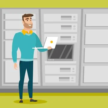 Engineer working on laptop in network server room Stock Illustration