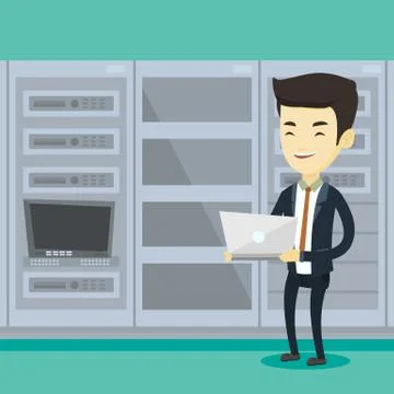 Engineer working on laptop in network server room Stock Illustration