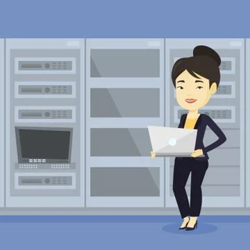 Engineer working on laptop in network server room Stock Illustration