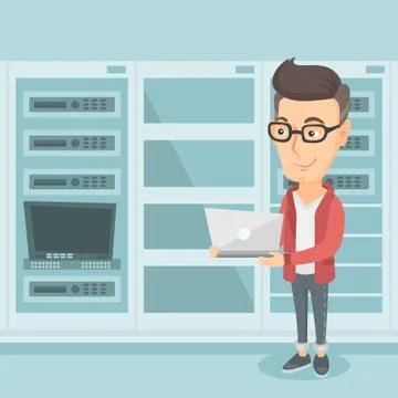 Engineer working on laptop in network server room Stock Illustration