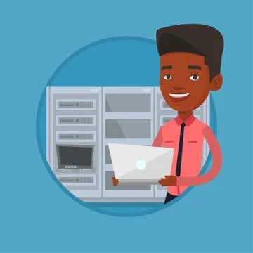 Engineer working on laptop in network server room Stock Illustration