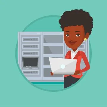 Engineer working on laptop in network server room Stock Illustration