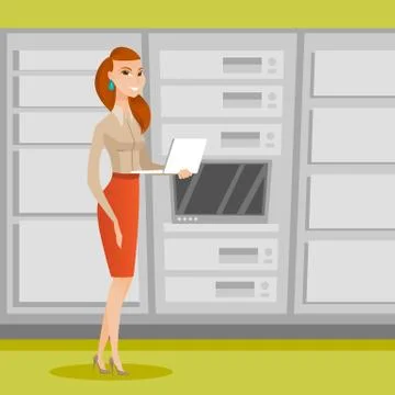 Engineer working on laptop in network server room Stock Illustration