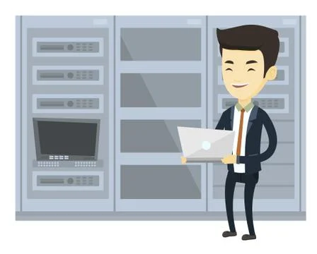 Engineer working on laptop in network server room Stock Illustration