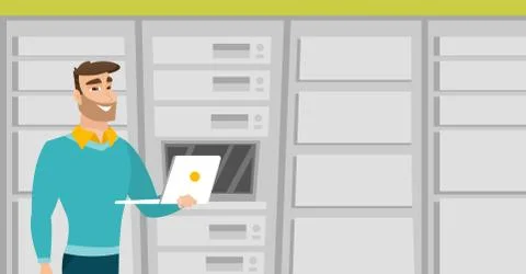 Engineer working on laptop in network server room Stock Illustration