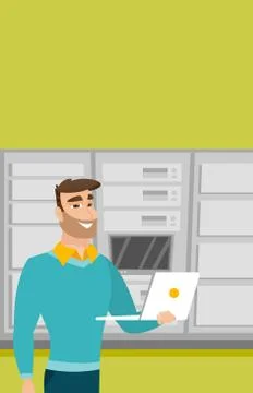 Engineer working on laptop in network server room Stock Illustration