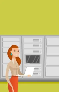 Engineer working on laptop in network server room Stock Illustration