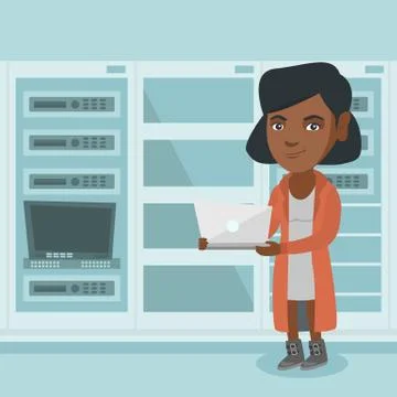 Engineer working on laptop in network server room. Stock Illustration