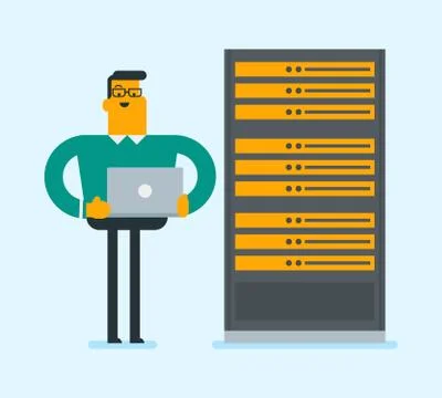Engineer working on laptop in network server room. 스톡 일러스트