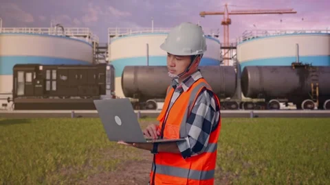 Engineer Working On A Laptop at Oil Refinery Stock Footage 340140582