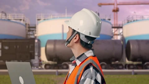 Engineer Working On A Laptop at Oil Refinery Stock Footage 340141640