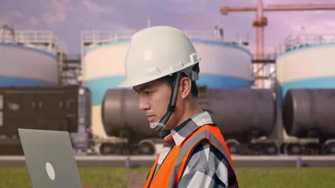 Engineer Working On A Laptop at Oil Refinery Stock Footage 340141642