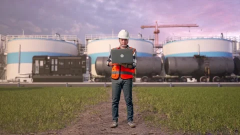 Engineer Working On A Laptop at Oil Refinery Stock Footage 340142553