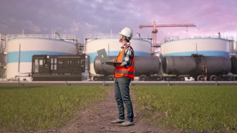 Engineer Working On A Laptop at Oil Refinery Stock Footage 340142794