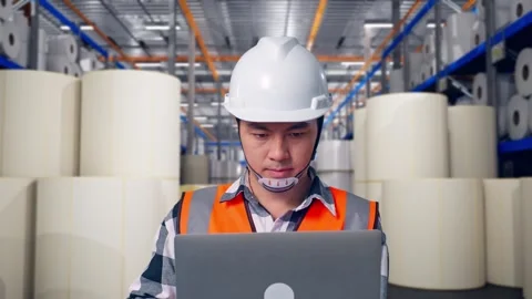 Engineer Working On A Laptop at Polymer Plant Stock Footage 334526152