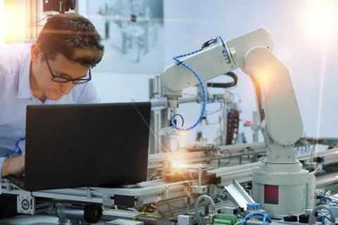 Engineer is working on laptop to programming smart factory automation Stock Photos