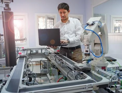 Engineer is working on laptop to programming smart factory automation Stock Photos