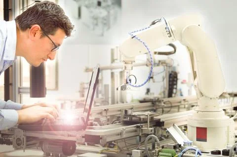 Engineer is working on laptop to programming smart factory automation Stock Photos