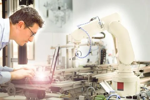 Engineer is working on laptop to programming smart factory automation Stock Photos