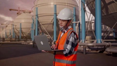 Engineer Working On A Laptop with Spherical Tank Stock Footage 335066881