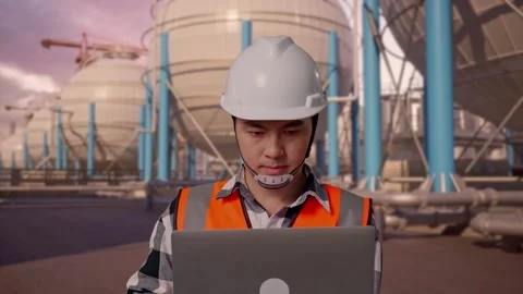 Engineer Working On A Laptop with Spherical Tank Stock Footage 335067250