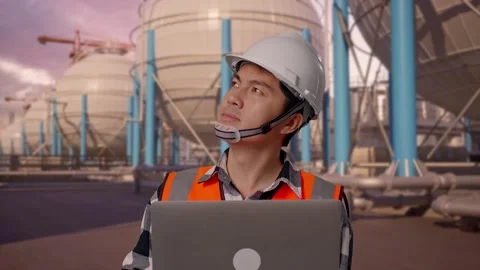 Engineer Working On A Laptop with Spherical Tank Stock Footage 335067284