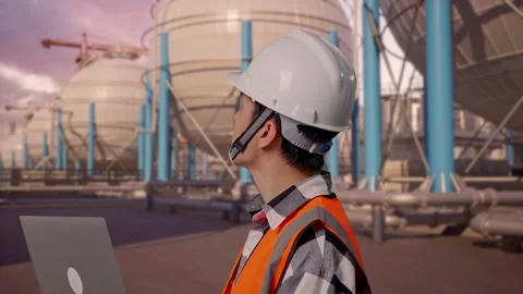 Engineer Working On A Laptop with Spherical Tank Stock Footage 335067734