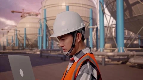 Engineer Working On A Laptop with Spherical Tank Stock Footage 335067761